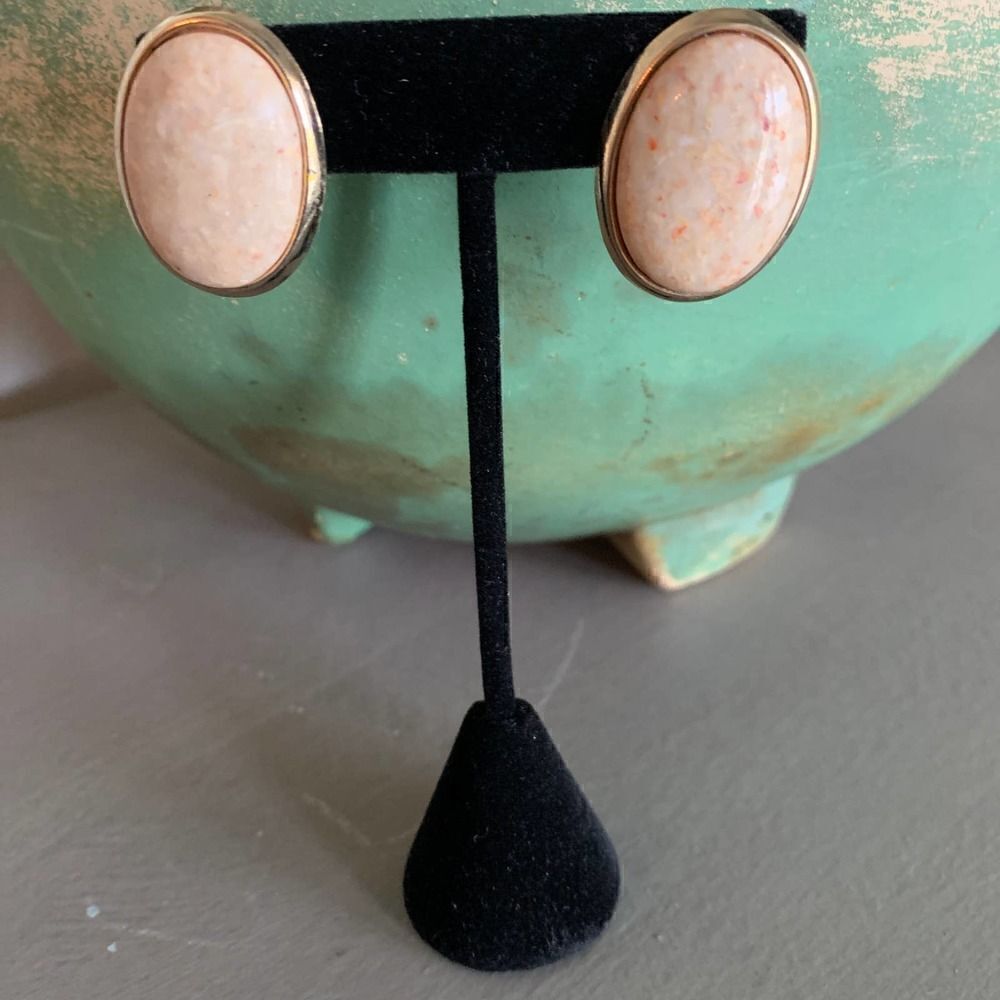 Picture Jasper pierced earrings framed in Gold plate, Vintage